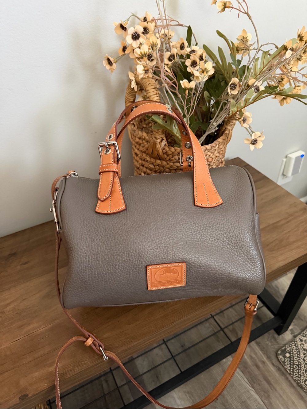 Dooney & Bourke Grey Pebbled Kendra Satchel with Tan Trim